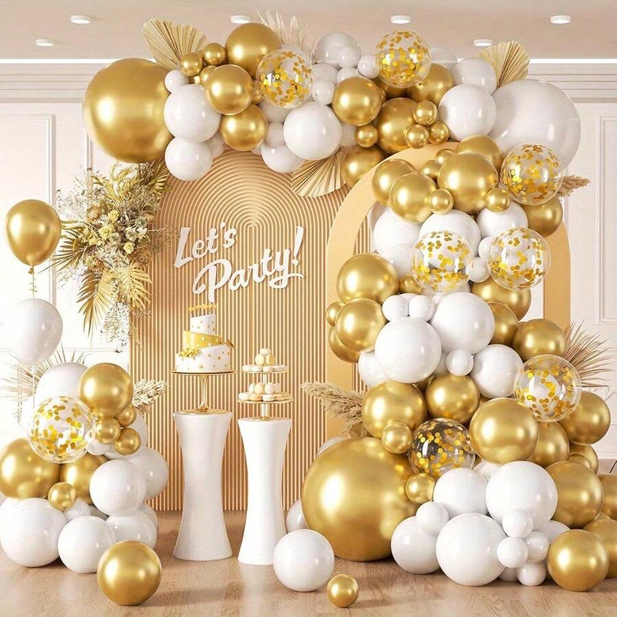 146件組婚禮主題氣球拱門裝飾套裝,包含金色與白色乳膠氣球,適用於婚禮、生日派對、週年紀念、節日聚會、室內背景牆及各種場合裝飾 - 多色 - 查看 1