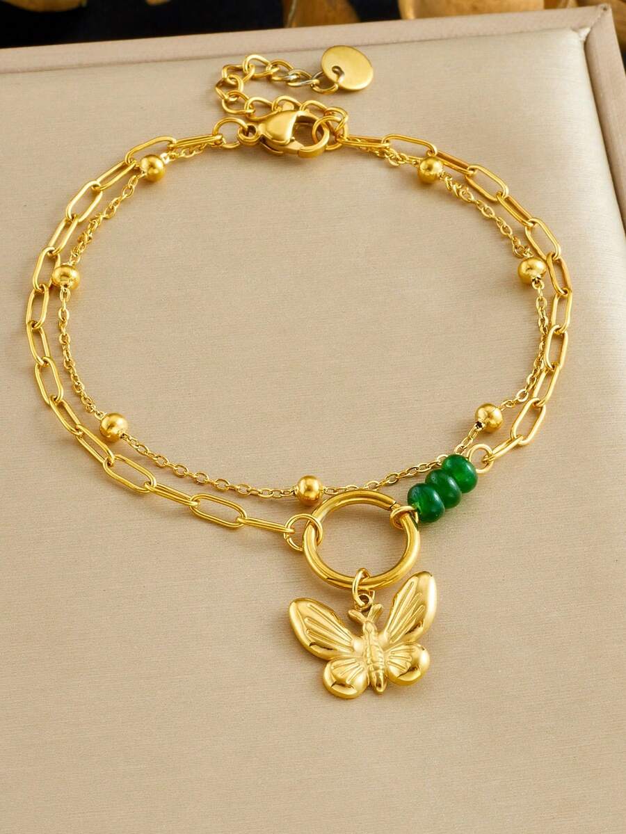 1 chiếc vòng tay phụ kiện hình bướm bằng thép không gỉ mạ vàng, kiểu dáng retro không đều, dây chuyền hai lớp xếp chồng, kèm mặt dây chuyền hình bướm. - Vàng - Xem 1