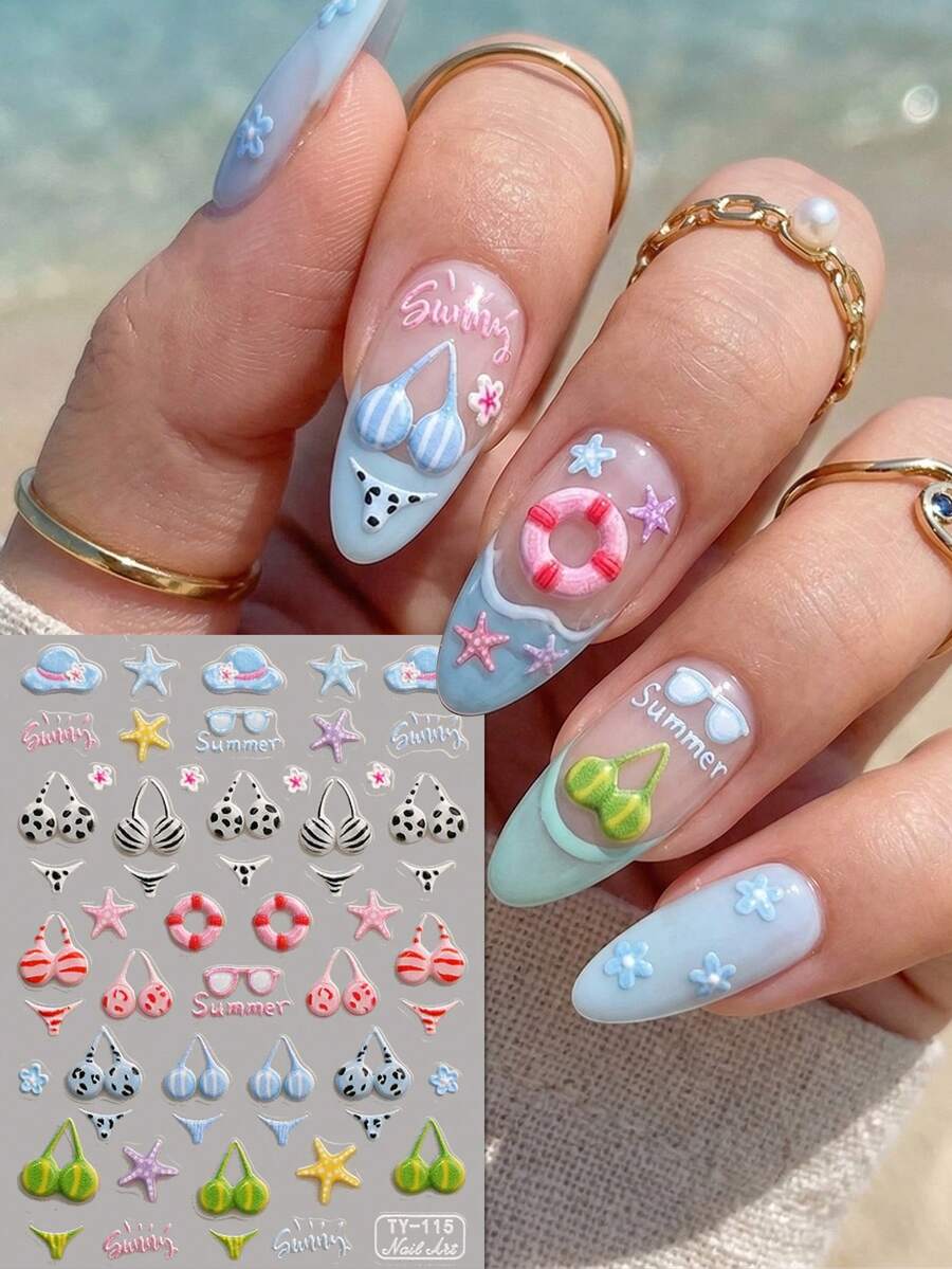 QIANJIKU 1pc Colorful 5D Embossed Bikini Nail Stickers - 3D Textured Fashion Glasses, Life Buoy, Swimsuit Nail Art Stickers - Fun Summer Vacation Style DIY Decorative Stickers - Suitable For Beach Parties / Music Festivals / Spring & Summer / Holiday Occasions