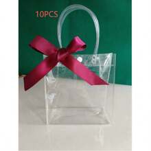 10 Stück wiederverwendbare klare Plastikgeschenktüten mit Griffen, PVC-Material mit Schleifen-Dekor, geeignet für Hochzeit, Brautparty, Geburtstag, Babyparty, Gender-Enthüllungsparty, Kleinunternehmen (Lila) - A - Übersicht 7