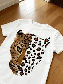 Camiseta de cuello redondo con patchwork y estampado de leopardo en bloques de color,  transpirable, informal y versátil. - Blanco - Ver 10