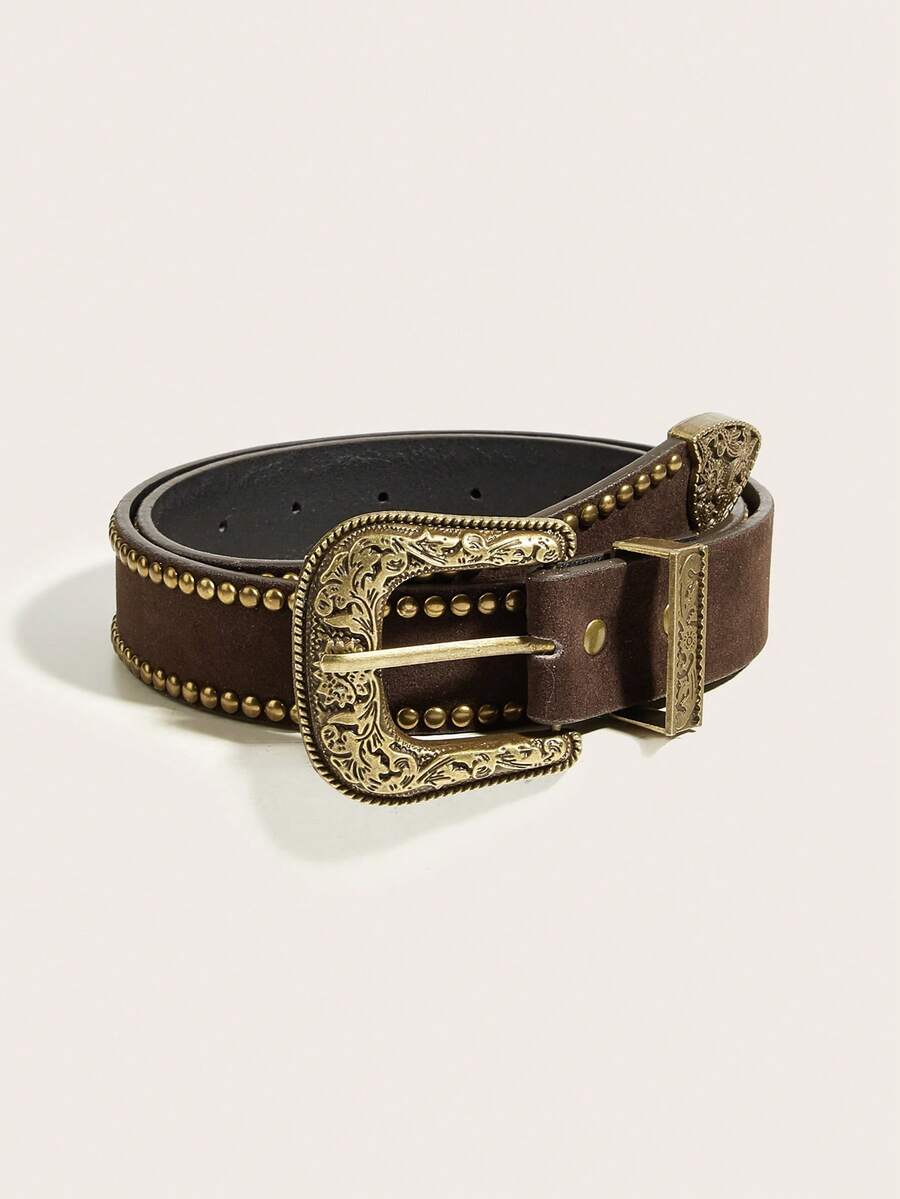 1 Stück Damen Einfarbig PU Leder Casual Vintage Süß Straße Party Retro Western Stil Nieten Gürtel, geeignet für alle Jahreszeiten - Kaffeebraun - Übersicht 1