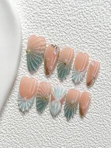 10Pcs Ocean Fairy Tale Style Handmade Nail Art Set,Unghie Press On,Pearl Nail Art Accessories,Stripe Nail Art Decorations,Mint Green And White Nail Polish,Fresh Summer Style,Comes With Nail Tools(1 Sheets Jelly Stickers+1PC Nail File)3 Sizes Available,Almond Nails, Duck Nails,Coffin Nails,Suitable For Reunion,Daily,Party,Photograph,Play,Spring Summer,Commute Supplies Nails - 彩色 - 查看 13