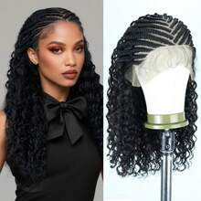 13"X7" Perruque bouclée faite main haute définition, perruque synthétique de couleur noire naturelle à texture ondulée avec des cheveux bébé, perruque à front de dentelle de 22" pour femmes - Noir - Voir 3