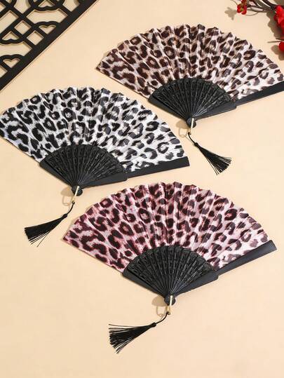 1 Piece Foldable Bamboo Hand Fan, Fabric Fan Surface, Summer Cooling Hand Fan Leopard Print, Suitable For Parties, Weddings, Wall Decoration, Gifts