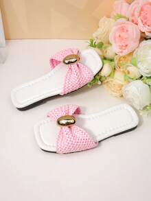 1 par de sandalias deslizantes tejidas para niñas, zapatos casuales transpirables y antideslizantes para niños - Rosa - Ver 6