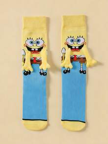 SpongeBob SquarePants 1/2 Đôi tất nam châm dài đến bắp chân hiệu SquarePants, kiểu dáng hoạt hình dễ thương độc đáo, dành cho cặp đôi/bạn thân, phong cách Nhật Bản & Hàn Quốc, mùa xuân/thu mới. - Nhiều màu - Xem 12