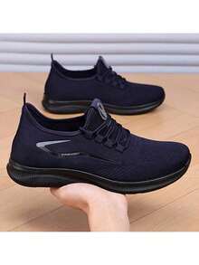Men's Breathable Knit Running Shoes, Lightweight Non-Slip Casual Athletic Sneakers For Daily Walking & Sports - 藍色 - 查看 5