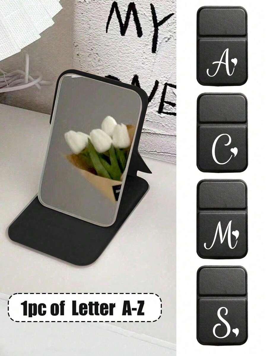 迷你白色字母可折疊便攜式化妝鏡，A-Z字母口袋鏡女用，A-Z字母附支架化妝鏡，旅行鏡，便攜式PU皮革支架化妝鏡，可折疊輕巧極簡化妝鏡，旅行便攜式化妝鏡，女性旅行禮物