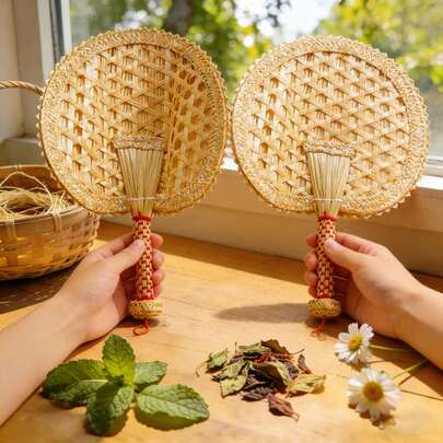 Quạt rơm đan ngoài trời, quạt cầm tay lớn di động làm mát mùa hè, chất liệu tự nhiên, thích hợp cho cắm trại.