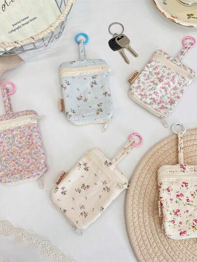 1pc Ditsy Floral Keychain Pouch, Double Zipper Design, Women's Earphone, Key, Makeup Organizer Bag, Portable Travel Pouch, Suitable For Gifts Like Mother's Day, Teacher's Day, Bridesmaid, Valentine's Day, Birthday, Personalized Practical Gift For Ladies