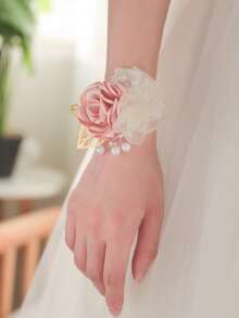 1pc/6pcs Elegant Rose Flower With Lace Petals, Beaded Leaves Decor, European & Korean Style Pearl Chain Wrist Corsage, Suitable For Bride, Bridesmaid, Mother Of The Bride, Wedding, Party, Anniversary, Corporate Event,Summer,Beach,Festival,Birthday - Baby Pink - View 5