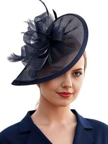 1pc Women's Headpiece - 50s & 60s Style Floral Mesh Ribbon Feather Headband With Clip, Elegant For Tea Party, Kentucky Derby Or Wedding, Special Occasion Hat| Vintage Style Hat| Feather Decorated Hat - Xanh hải quân - Xem 4