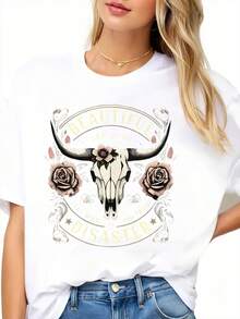 Beautiful Disaster Bull Skull Rose Graphic Oversized Tee Women Casual Top Boho Style Fashion Statement Shirt - 白色 - 查看 2