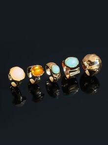 Set de 5 anillos de aleación, anillos de diseño asimétrico y lujoso con decoración incrustada para mujeres - Anillo de mujer - Ver 3