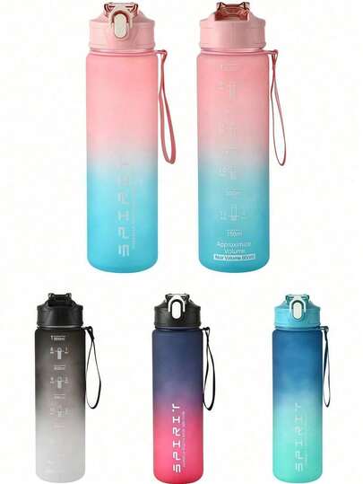 1pc 800ml Sports Water Bottle With Leak-Proof Flip Cap, Reusable Plastic, Suitable For Gym And Outdoor Use, Toxic-Free, With Drinking Time Markings And Straw, With Strap, Suitable For Office