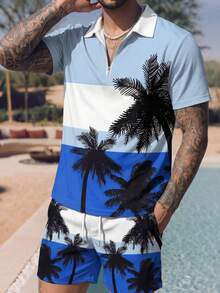 Men's Vacation Palm Tree Print Short Sleeve Polo Shirt And Shorts Set - Multicolor - View 4