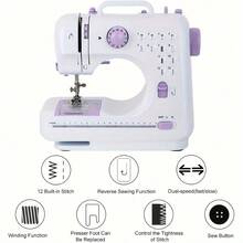 Máquina de coser eléctrica portátil y mini, adecuada para principiantes, con 12 puntadas incorporadas, 2 velocidades con pedal, luz LED y cajón de almacenamiento - Ver 5