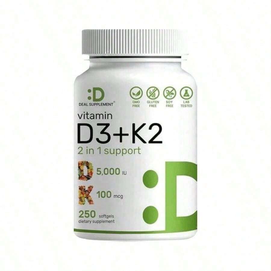 Supplement Vitamin D3 & K2, 250 Veggie Softgels | 2-In-1 Formula (5000 D3 + 100mcg K2 MK7) | Supports Healthy Bones, Teeth, Heart, & Immune System | Nutrition & Healthcare Supplement Dietary Edible Fitness - 1 mặt hàng - Xem 1