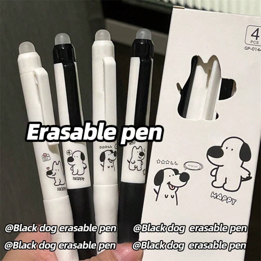 Bộ 4 bút bi xóa được màu đen và xanh dương, đầu bút có thể tháo rời, mực khô nhanh, phù hợp cho trường học, văn phòng, nam và nữ. - chú chó con - Xem 1