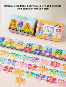 2套儿童卡通动物蝴蝶图案金属盒字母数字配对拼图，早教益智玩具，儿童生日礼物 - 彩色 - 查看 2