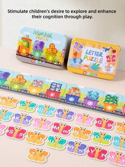 2套儿童卡通动物蝴蝶图案金属盒字母数字配对拼图，早教益智玩具，儿童生日礼物