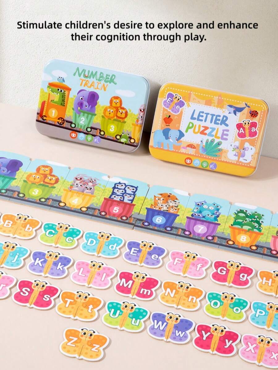 2套儿童卡通动物蝴蝶图案金属盒字母数字配对拼图，早教益智玩具，儿童生日礼物