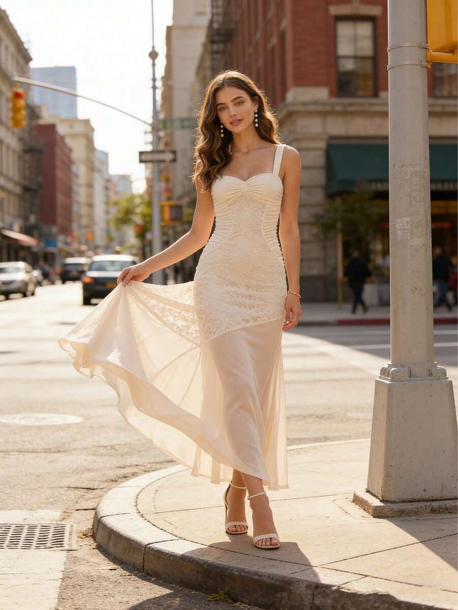 Vestido de fiesta elegante de mujer con malla elástica y encaje fruncido, ajustado y largo, adecuado para ocasiones diarias y especiales, vestido de boda, vestido de invitada de boda, vestido de dama de honor de primavera - Albaricoque - Ver 1