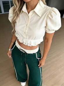 Casual Sports New Elastic High Waist Slouchy Straight Leg Pants Back To School Season - Green - View 5