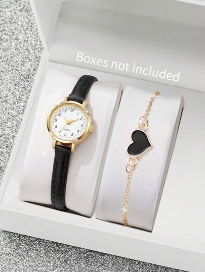 Bộ 2 chiếc đồng hồ quà tặng cho nữ, mặt số tối giản cổ điển, đồng hồ đeo tay thạch anh thanh lịch + vòng tay hình trái tim (Không bao gồm hộp đồng hồ)
