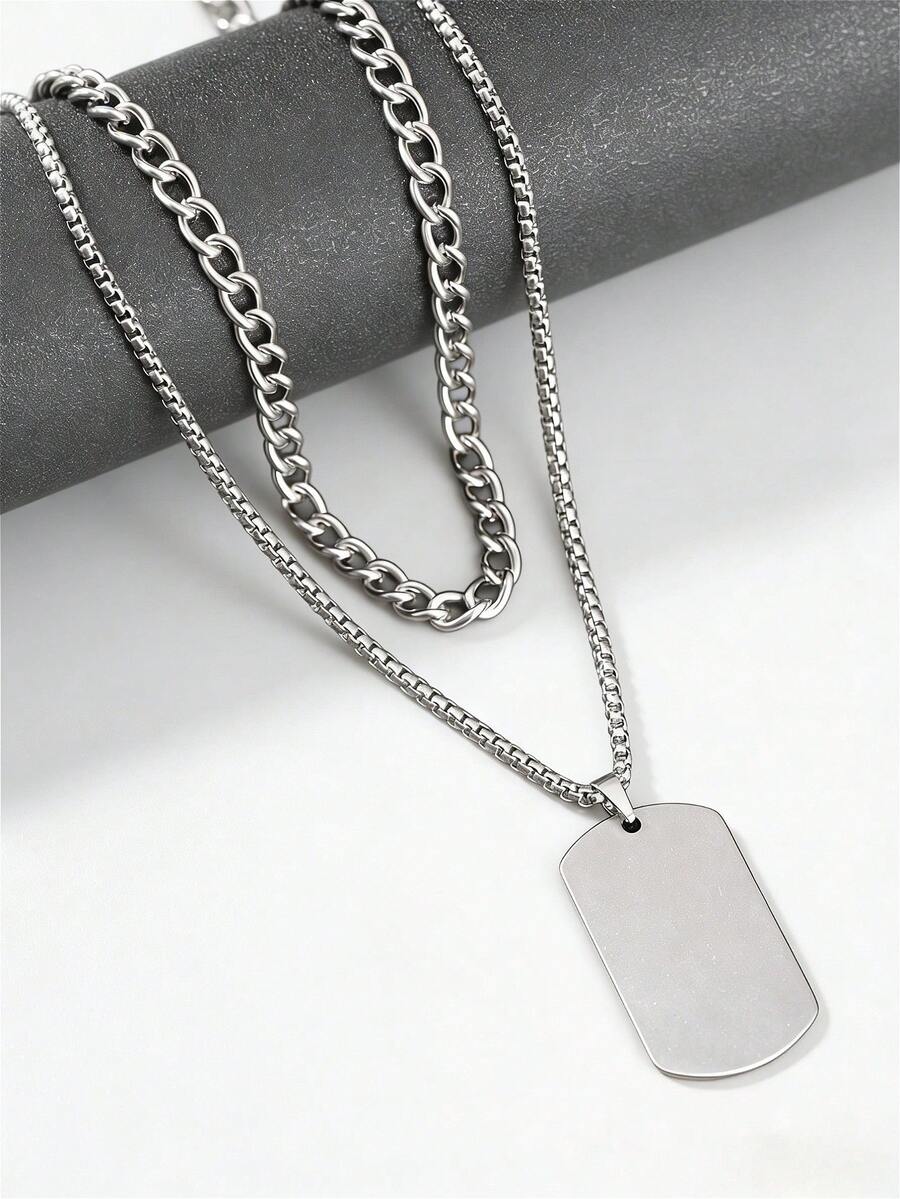 2 pièces Ensemble de collier pendentif étiquette d'identité en acier inoxydable style polyvalent mode hip-hop pour hommes, convient pour les sorties décontracté, les banquets et les fêtes - Argent - Voir 1