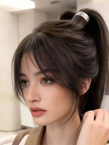 4片装女士直刘海夹式假发，优雅合成直刘海假发，女士高温丝合成直发发片，蓬松刘海 - 优雅自然风格，高温丝，易于佩戴，时尚日常发饰，时尚发饰 | 自然外观 | 简约风格，发夹，发夹，发夹，发卡，发夹 - 彩色 - 查看 3