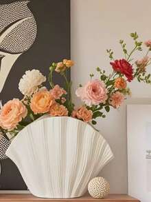 Modern Shell Vase For Home Decor – Elegant White Flower Vase With Fluted Texture, Perfect For Living Room, Bedroom, Office, Table Centerpiece, Wedding, Boho & Minimalist Style, Single Piece - A - View 1