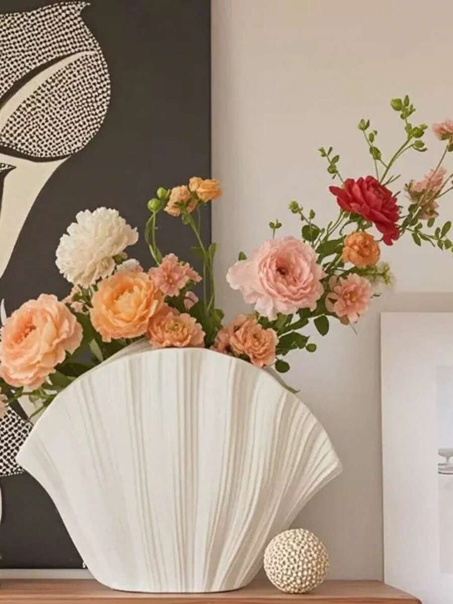 Modern Shell Vase For Home Decor – Elegant White Flower Vase With Fluted Texture, Perfect For Living Room, Bedroom, Office, Table Centerpiece, Wedding, Boho & Minimalist Style, Single Piece - A - View 1