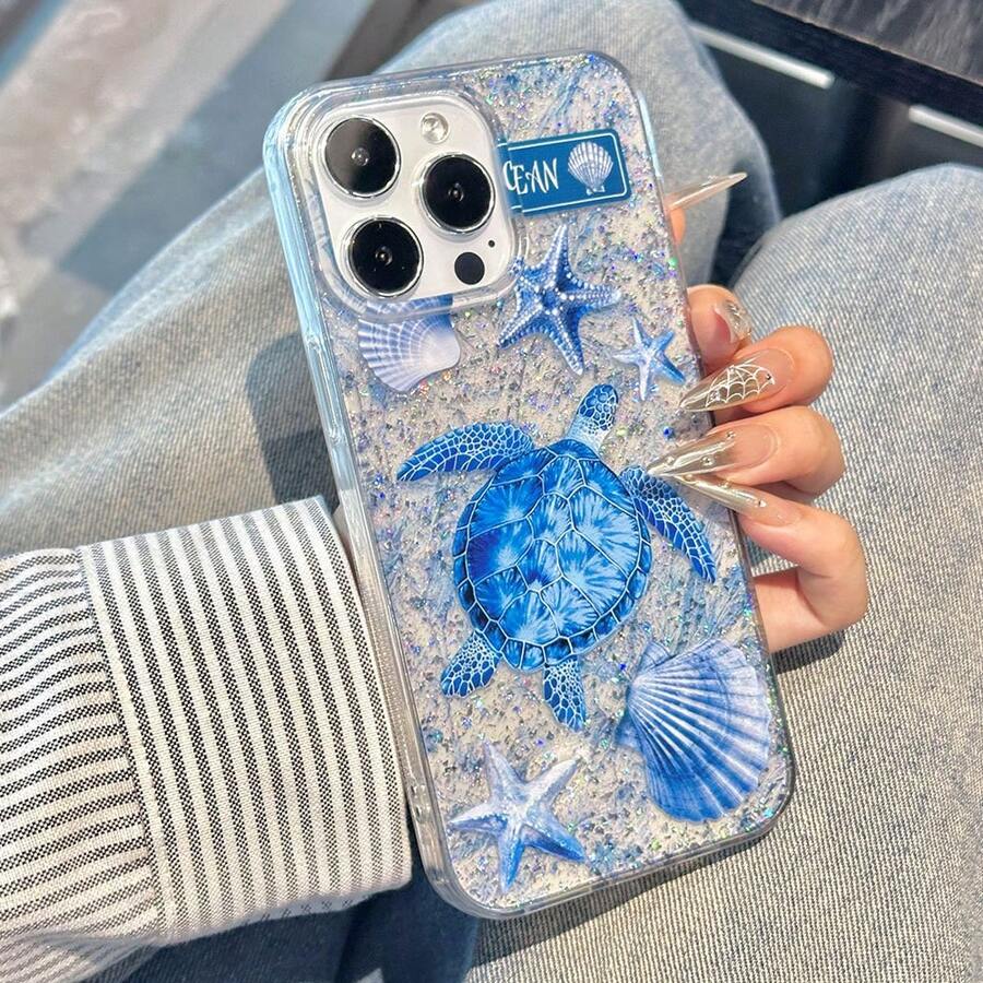 Ốp lưng điện thoại hình rùa biển lấp lánh trong suốt, họa tiết đại dương dễ thương với sao biển và vỏ sò, ốp chống sốc thẩm mỹ cho iPhone - Màu xanh lam - Xem 1