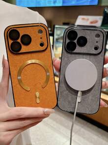 Luxury Lens Protective Skin Texture Sheepskin Magnetic Faux Leather Phone Case Compatible With IPhone 17 Pro Max 17 Pro 16 Pro Max 16 Pro 15 Pro Max 14 Pro 14 13 Pro Max Shockproof Protective Cover - Orange - View 3