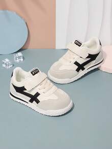 1 Pair New Kids Shoes, Beige Main Color With Contrast Stripe, Featuring Hook And Loop And Lace Dual Design For Easy On/Off, Retro Sporty Style Suitable For Weekend Outings, Campus Activities, Outdoor Sports - Black and White - View 5
