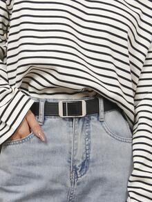 1pc Buckle-Free Belt, Unisex Casual Minimalist Waist Belt, Black PU Material - Black - View 6