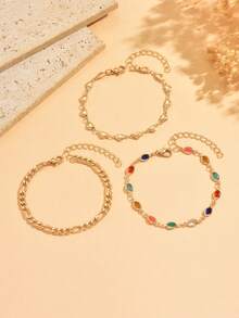 3pcs/Set Fashionable Designed Bracelet Set, Versatile Plain Chain Combination Jewelry Suitable For Women's Daily Wear And As Elegant Gift, Handmade Chains Customized In Random Length And Bead Quantity - Multicolor - View 2