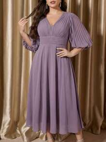 Voworia Robe longue en mousseline plissée à col V profond Mgiacy grande taille, robe de demoiselle d'honneur pour mariage, printemps, fête - Mauve - Voir 1
