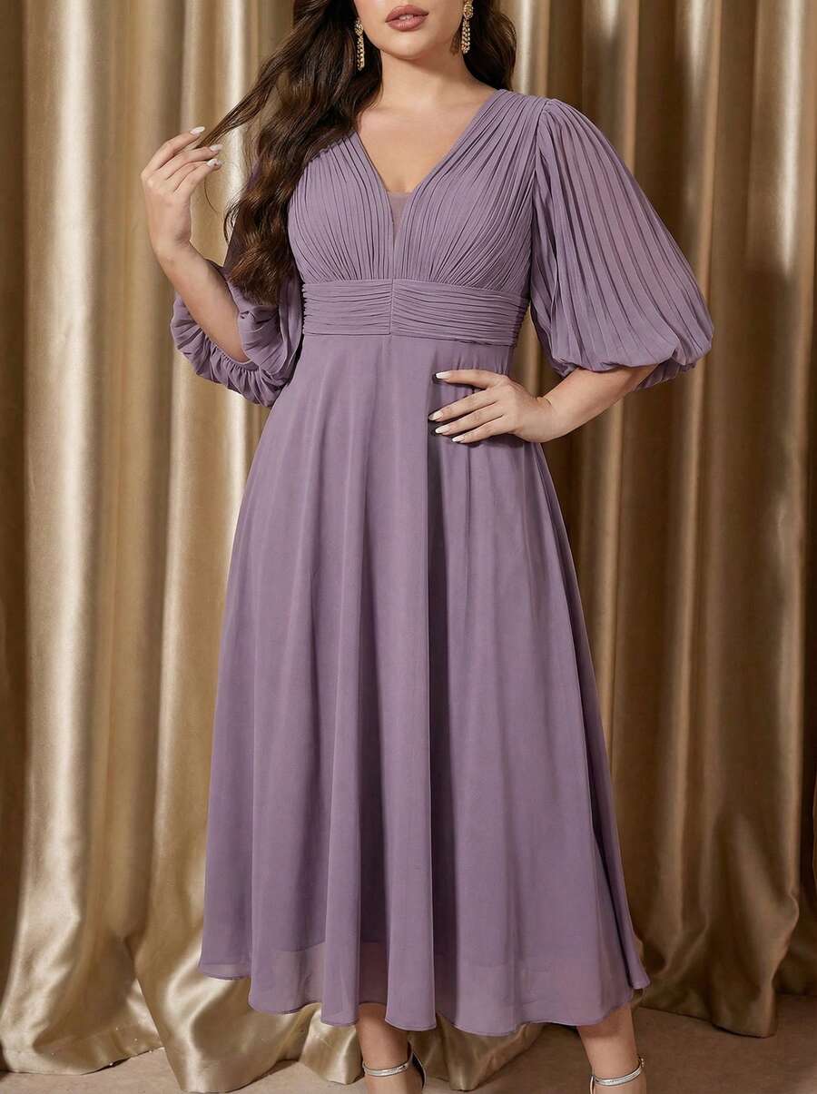 Voworia Robe longue en mousseline plissée à col V profond Mgiacy grande taille, robe de demoiselle d'honneur pour mariage, printemps, fête - Mauve - Voir 1