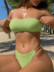 Lime Green Crinkle Texture Bandeau Contrast Brown Strap Y2K Summer Vacation High Waist 2 Pieces Bikini - Lemon Green - View 3