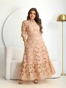 Livia Dress | Evangelical Dress | Long | Lace | Elegant Dress | Evangelical Fashion 2025 | Romantic Dress | Elegant Lace Dress | Ruffled Hem | Vacation | Half Sleeve | Casual Chic Look. - Màu Hồng  San hô - Xem 1