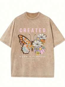 Summer T-Shirts 2026 - Women's Retro Washed Cotton T-Shirt - 230g Thick Cotton, Loose Fit, Crew Neck, Short Sleeve, Vintage Urban Style With Floral Butterfly Print And Inspirational Lettering, Machine Washable, Casual Spring/Summer T-Shirt, Cotton T-Shirts, Comfortable Everyday Wear T-Shirt, Relaxed Fit T-Shirt, Soft Texture T-Shirt, Washed Cotton Summer Clothes - 咖啡色 - 查看 7