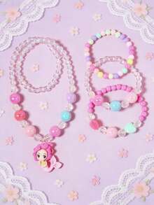 4pcs Colorful Beaded Necklace With Mermaid Pendant, Bracelet Set, Suitable As Birthday Or Holiday Gift - one-size - View 2