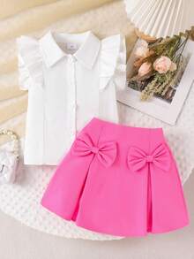 2pcs/Set Toddler Girls' Cute Sweet Ruffle Trim Sleeveless Top And Bow Decor Skirt Set, Summer - Hot Pink - View 3