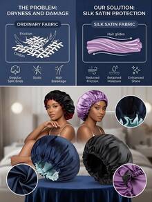 Awegeo 2 piezas Gorro de dormir de satén de doble capa para mujeres, diseño ajustable con hebilla inteligente - unicolor, ajuste holgado, protección del cabello, ribete elástico lujoso, humedad nocturna, mantenimiento del peinado diurno, verano, playa, sombrero - 2 piezas - Multicolor - Ver 6