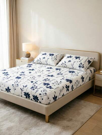 1PC Boho Vintage Blue White Plant Floral Fitted Sheet Set Fresh Print Non-Slip Skin-Friendly Bedding Suitable For Twin/Full/Queen/King Size Bed, Machine Washable, Ideal For F Bedroom Decor