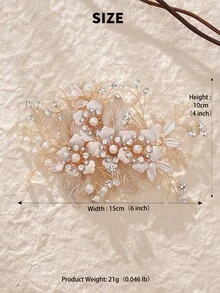 1件手工仿珍珠水晶新娘发夹，奢华超大花叶设计婚礼派对发饰，法式复古伴娘盘发装饰，夏季，海滩 - 金色 - 查看 3