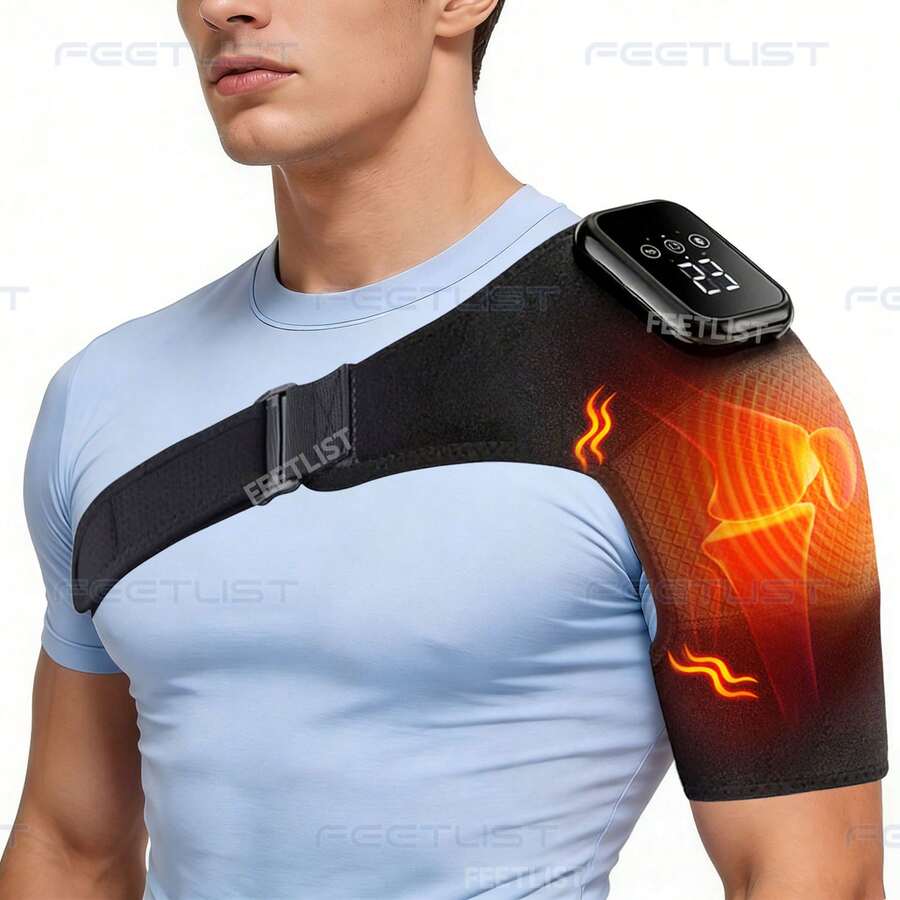 FEETLIST Wireless Heated Shoulder Vibration Massager For Office Workers, With LED Display, 3 Heat & 3 Vibration Levels, Rechargeable Wrap For Shoulder, Ideal Gift For Elderly Home Warmth - Black - View 1